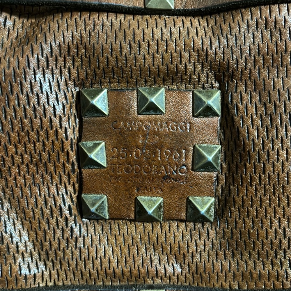 Campomaggi Large Studded Leather Purse Tote Bag Perforated Brown Cognac - Picture 2 of 14